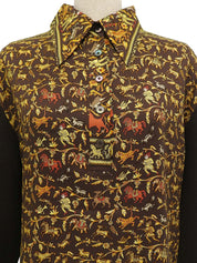 マルチプリント長袖ニットポロシャツ ブラウン/イエロー