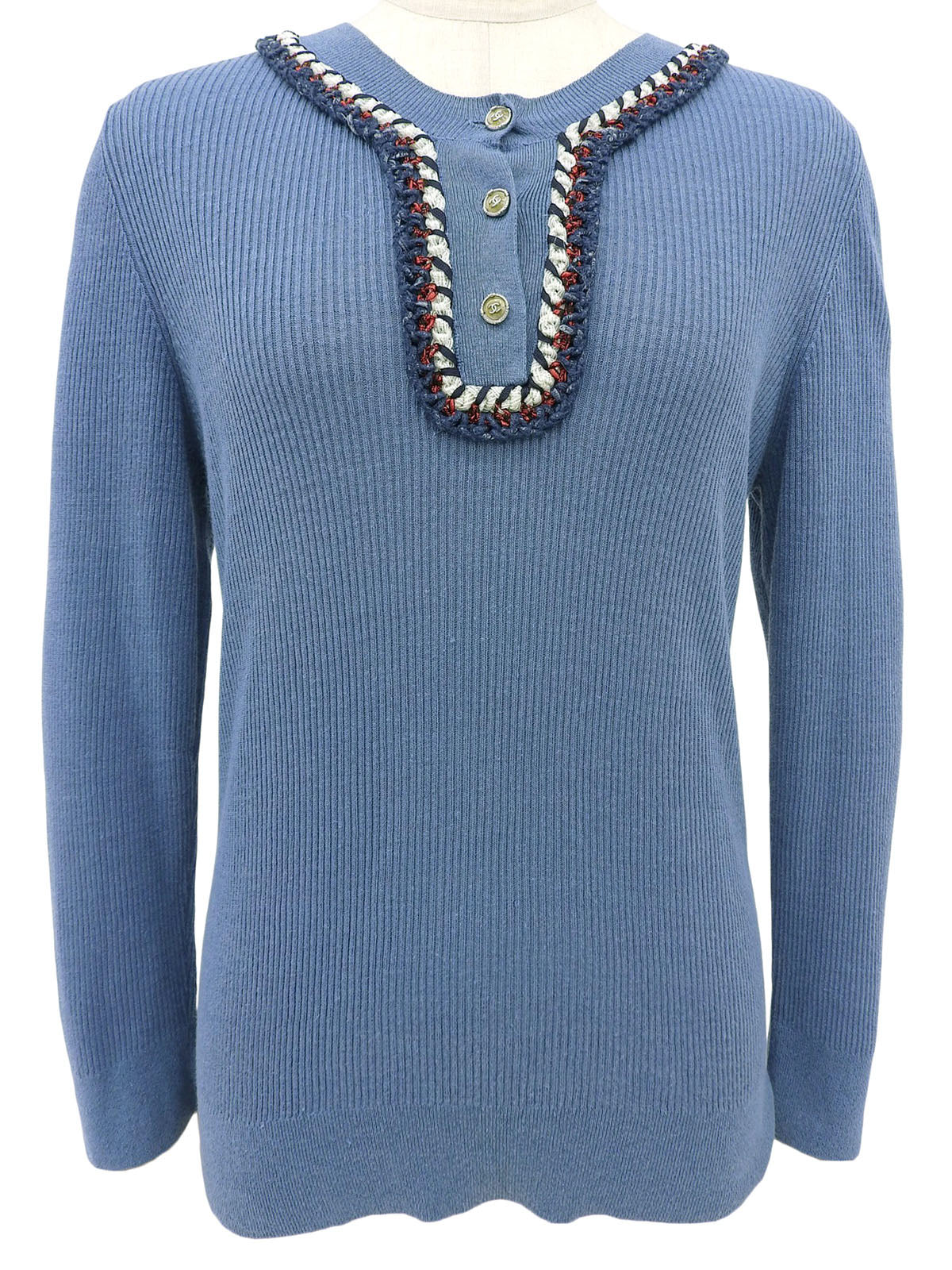 CC mark button design long sleeve top in blue/multi