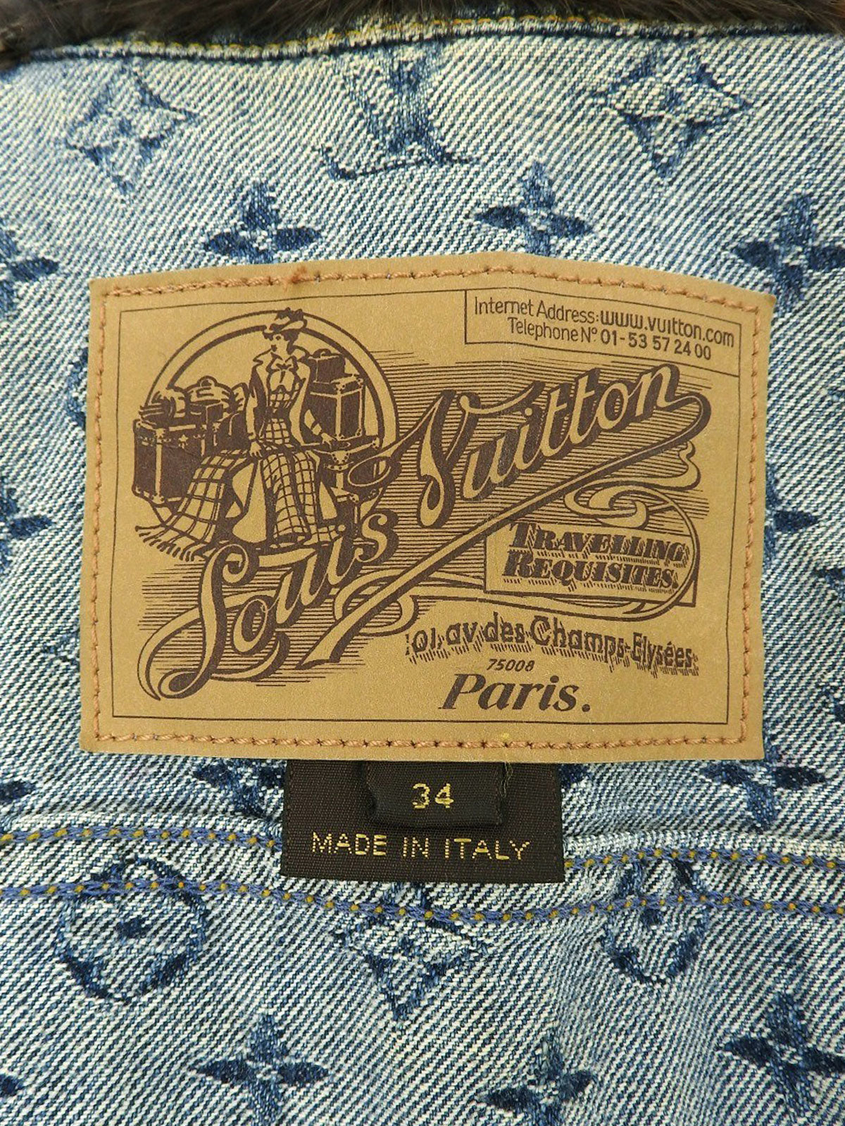 Mink fur denim monogram pattern jacket in blue/brown