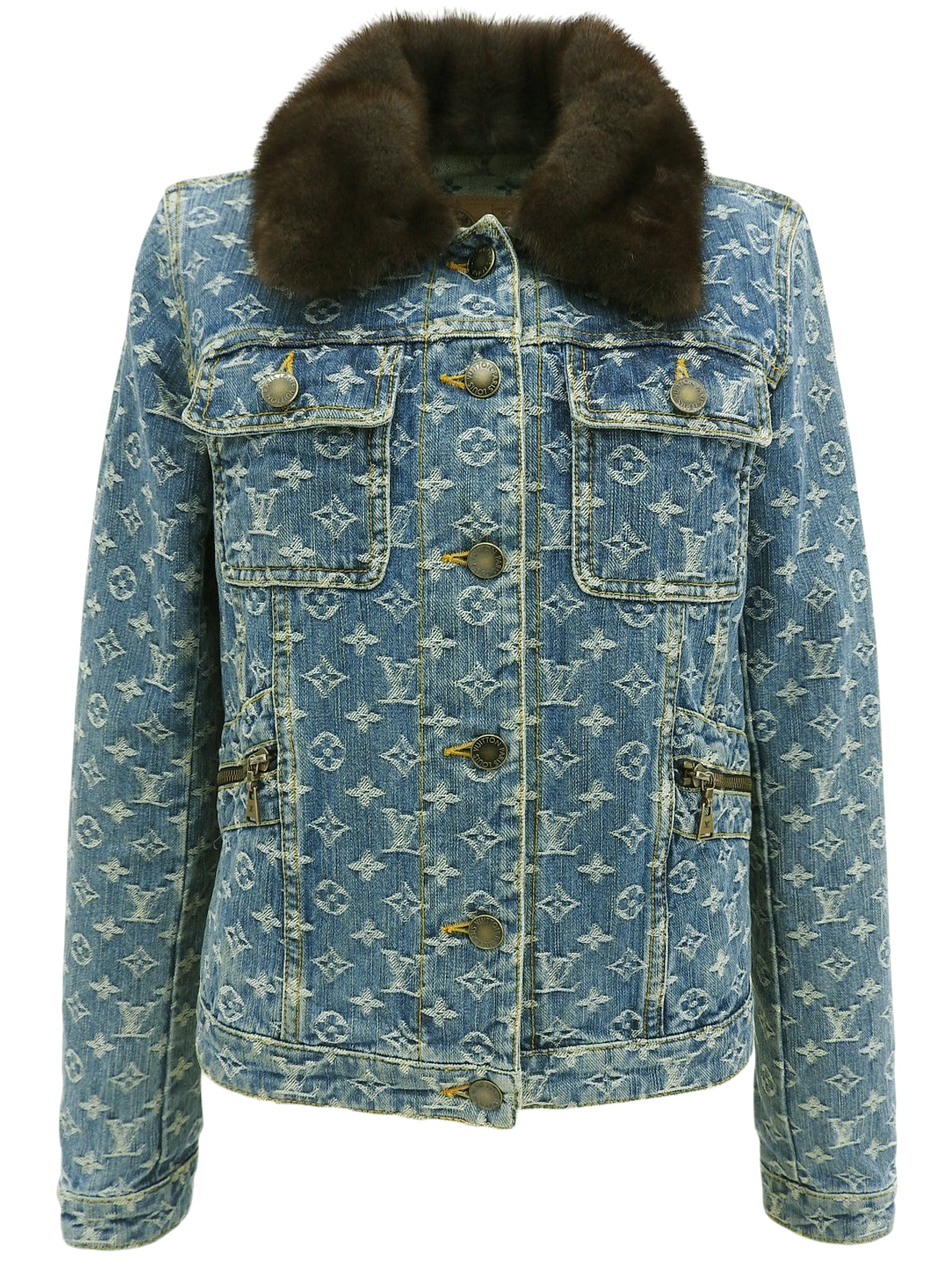 蓝棕色貂皮牛仔布字母图案夹克