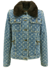 蓝棕色貂皮牛仔布字母图案夹克