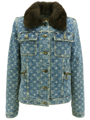 Mink fur denim monogram pattern jacket in blue/brown