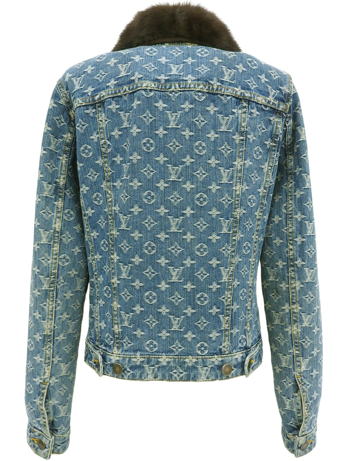 蓝棕色貂皮牛仔布字母图案夹克