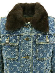 蓝棕色貂皮牛仔布字母图案夹克