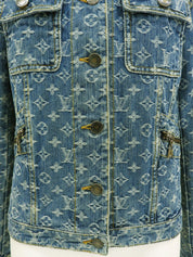 蓝棕色貂皮牛仔布字母图案夹克