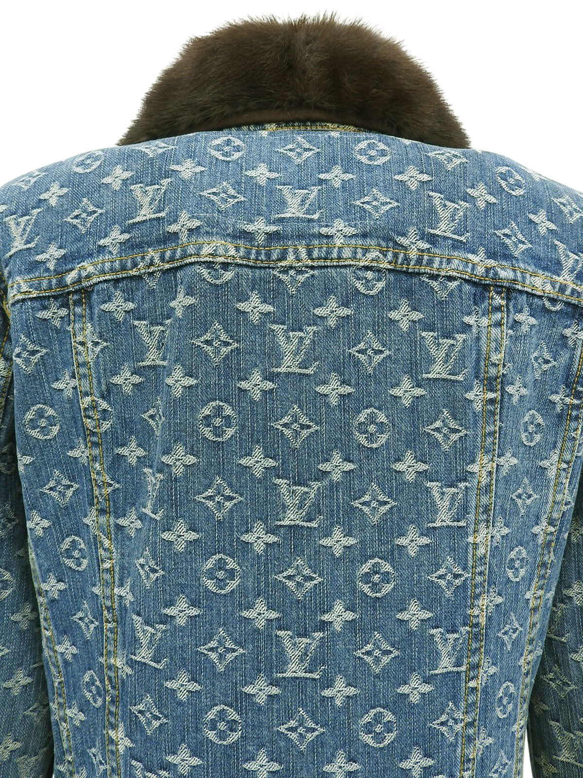 蓝棕色貂皮牛仔布字母图案夹克
