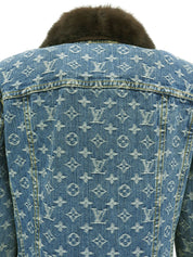 蓝棕色貂皮牛仔布字母图案夹克