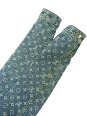 蓝棕色貂皮牛仔布字母图案夹克