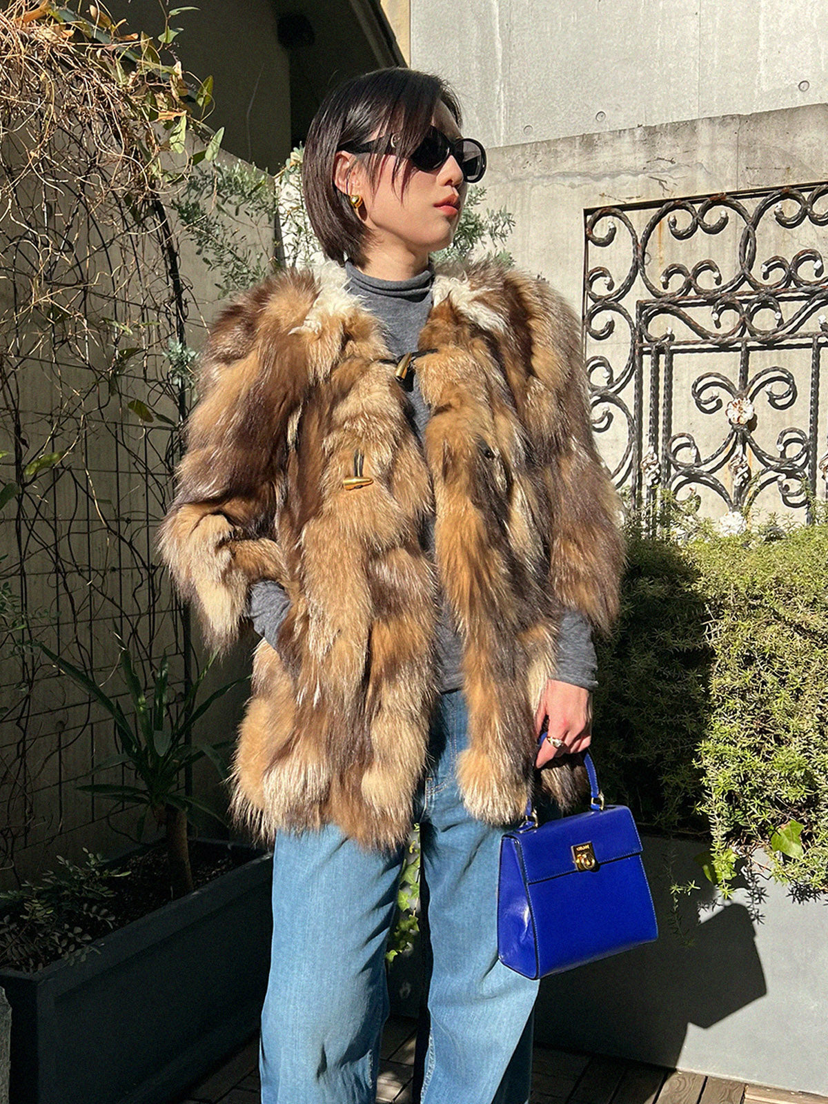 フォックスシープファーコート ブラウン/ホワイト