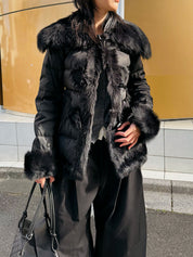 黑色羊皮毛粗呢大衣