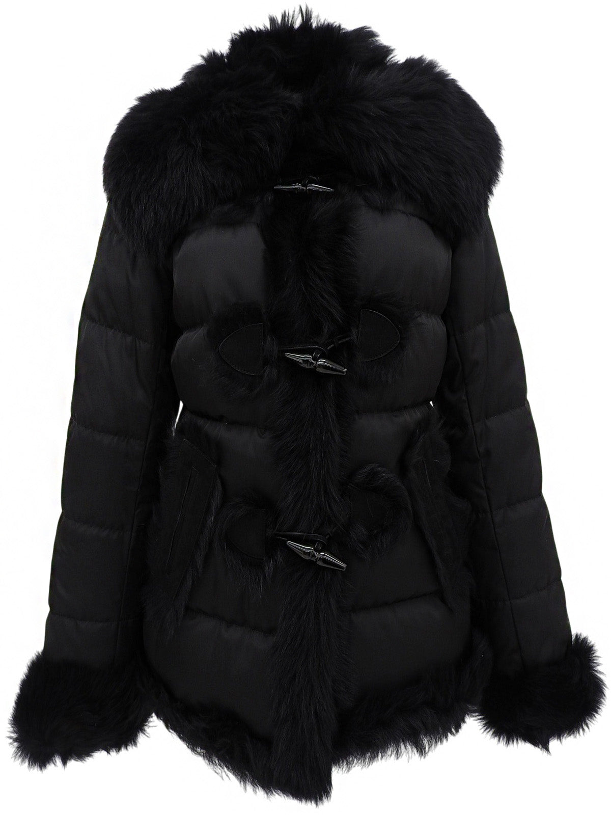 黑色羊皮毛粗呢大衣