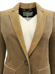 米色棉质绒面革拼接logo纽扣夹克