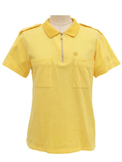 ロゴ刺繍ジップアップ半袖ポロシャツ イエロー