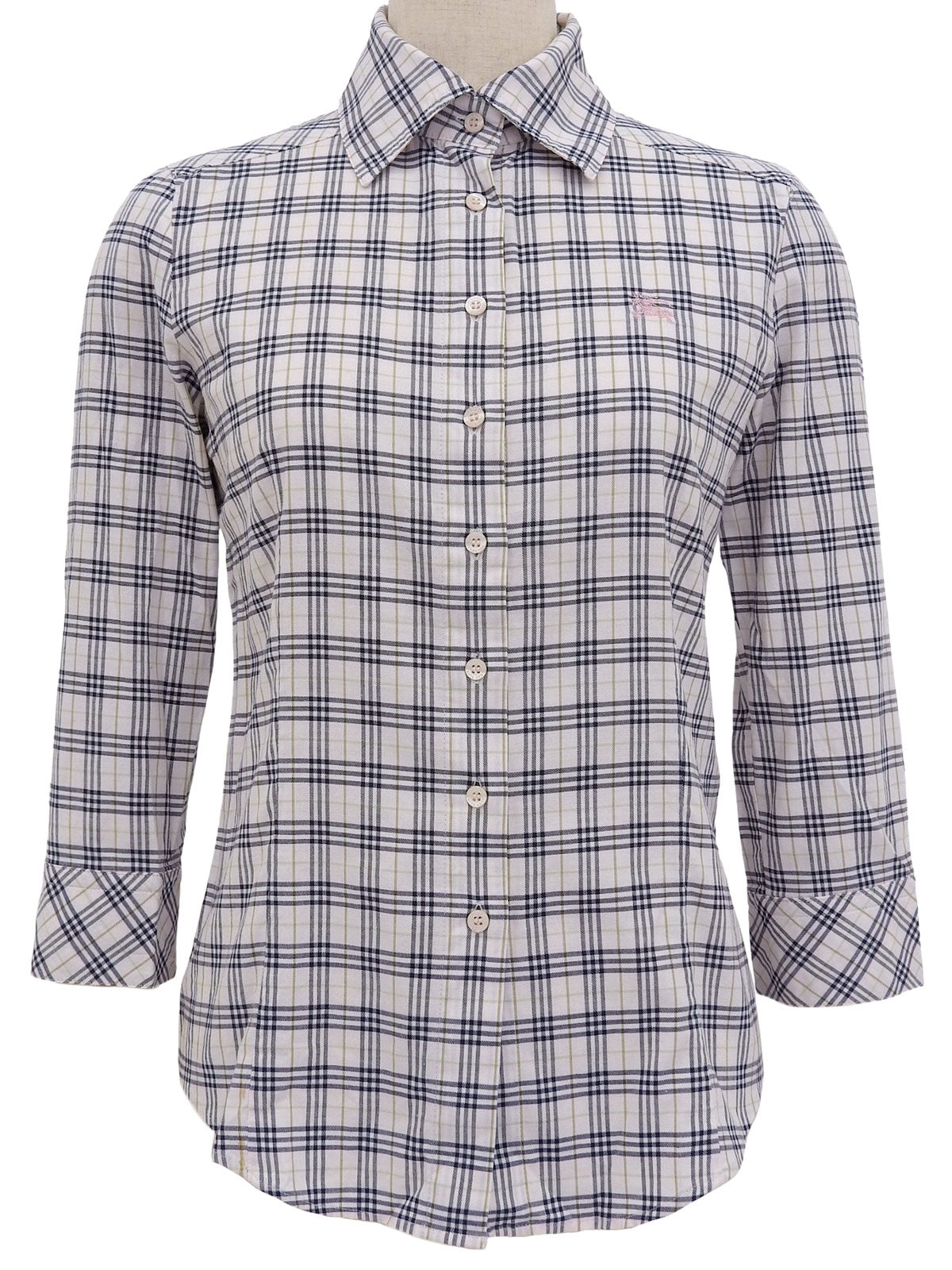 チェックパターンロゴ刺繍七分袖シャツ ピンク/マルチ