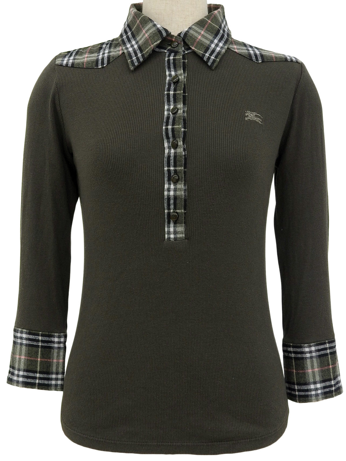 ロゴ刺繍チェックデザイン長袖シャツ カーキ