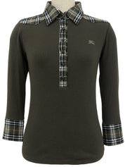 ロゴ刺繍チェックデザイン長袖シャツ カーキ