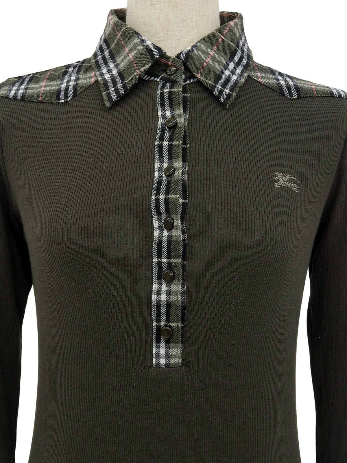 ロゴ刺繍チェックデザイン長袖シャツ カーキ