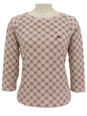 Nova Check Pattern Logo Embroidered 3/4 Sleeve Top in Pink