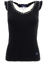 Logo Embroidered Trim Ruffle Design Sleeveless Top in Black