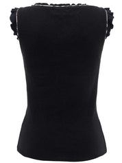 Logo Embroidered Trim Ruffle Design Sleeveless Top in Black