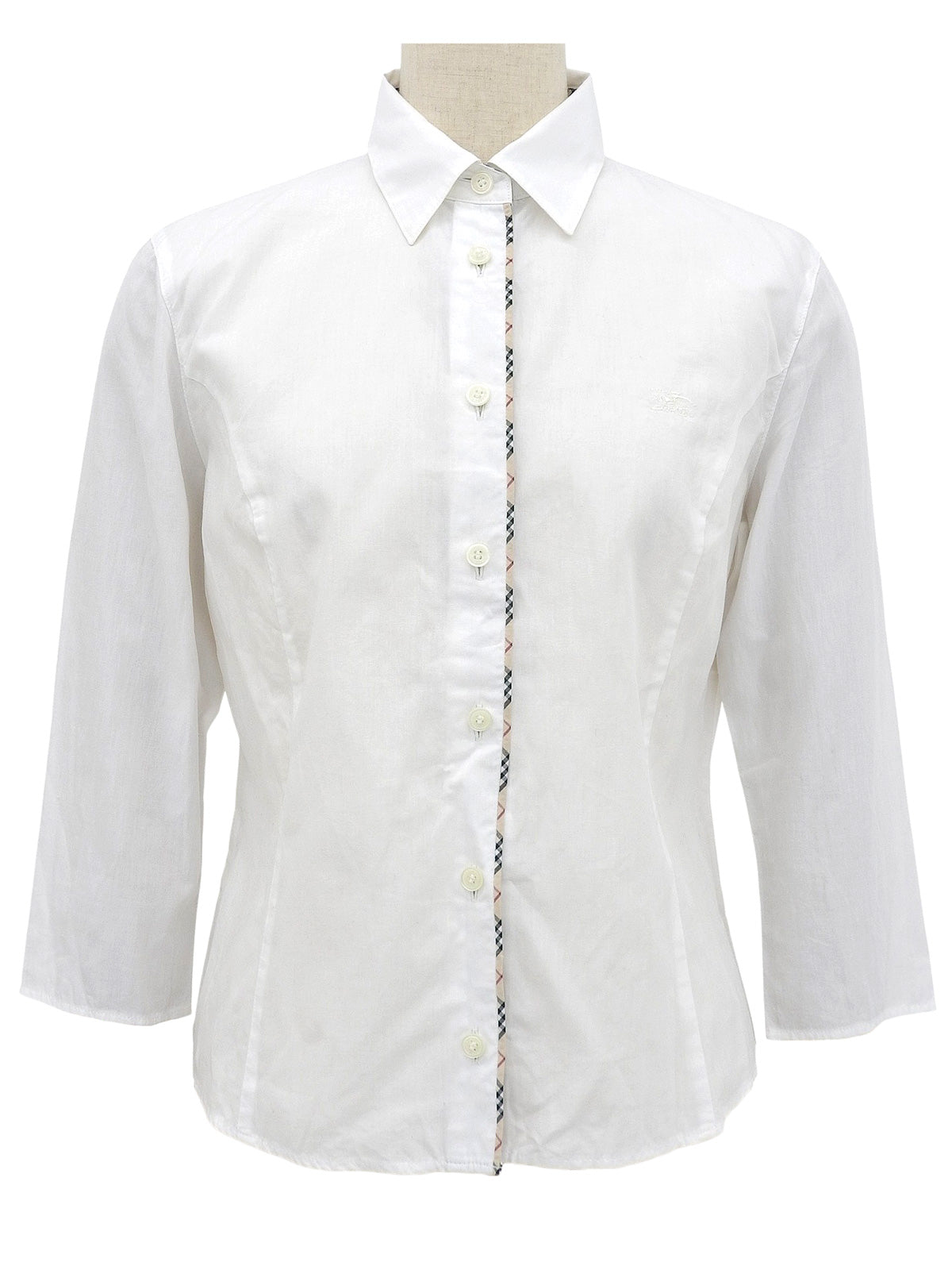 ロゴ刺繍ノバチェックライン七分袖シャツ ホワイト/ベージュ