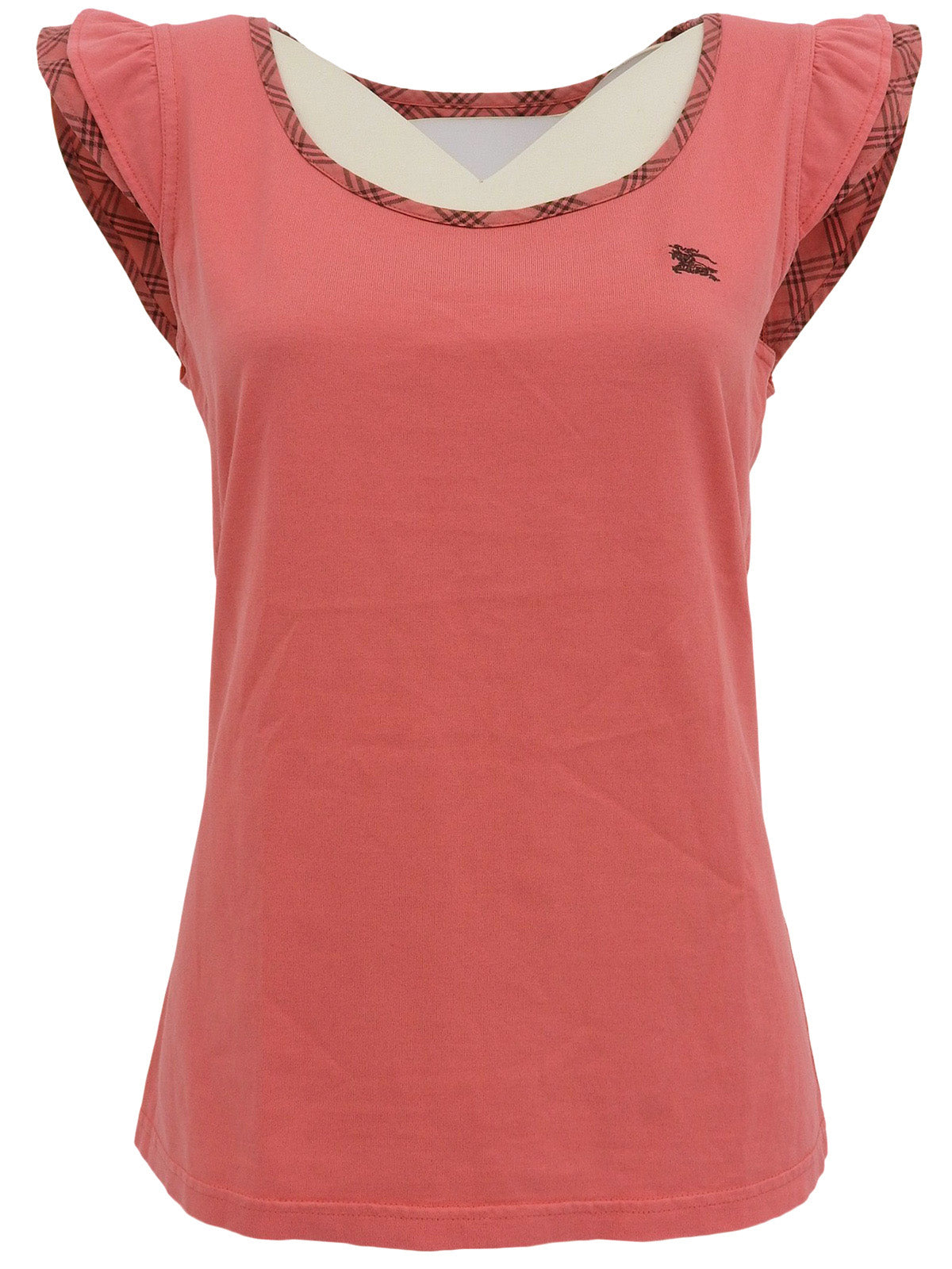 ロゴ刺繍チェックフリルノースリーブトップス コーラルピンク