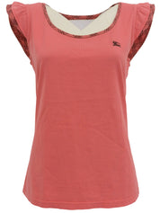 ロゴ刺繍チェックフリルノースリーブトップス コーラルピンク