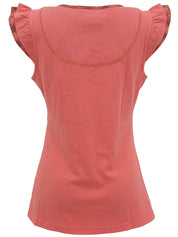 ロゴ刺繍チェックフリルノースリーブトップス コーラルピンク