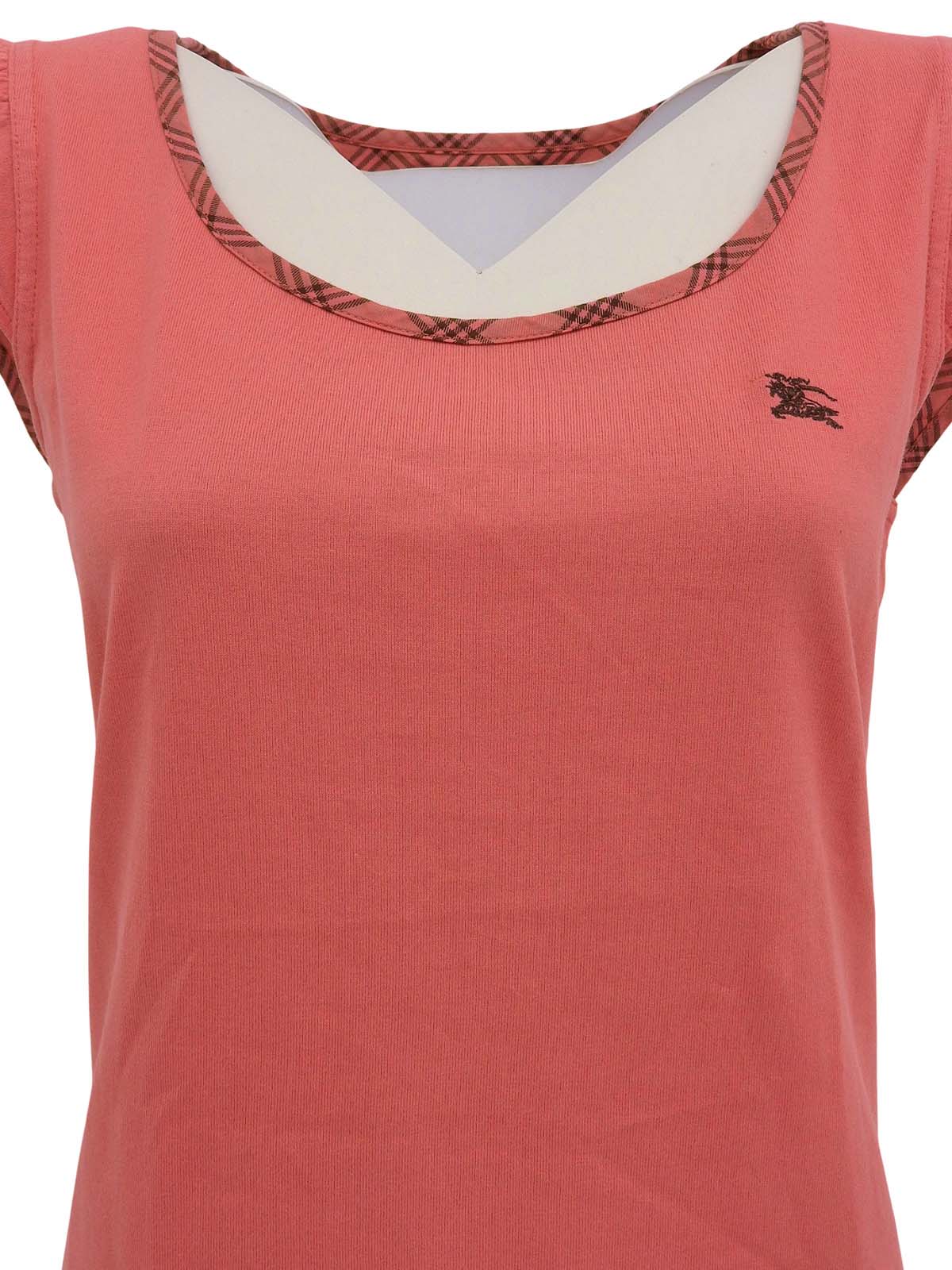 ロゴ刺繍チェックフリルノースリーブトップス コーラルピンク