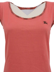 ロゴ刺繍チェックフリルノースリーブトップス コーラルピンク