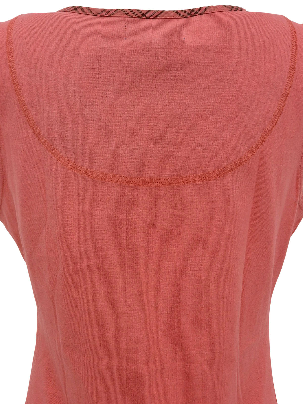 ロゴ刺繍チェックフリルノースリーブトップス コーラルピンク