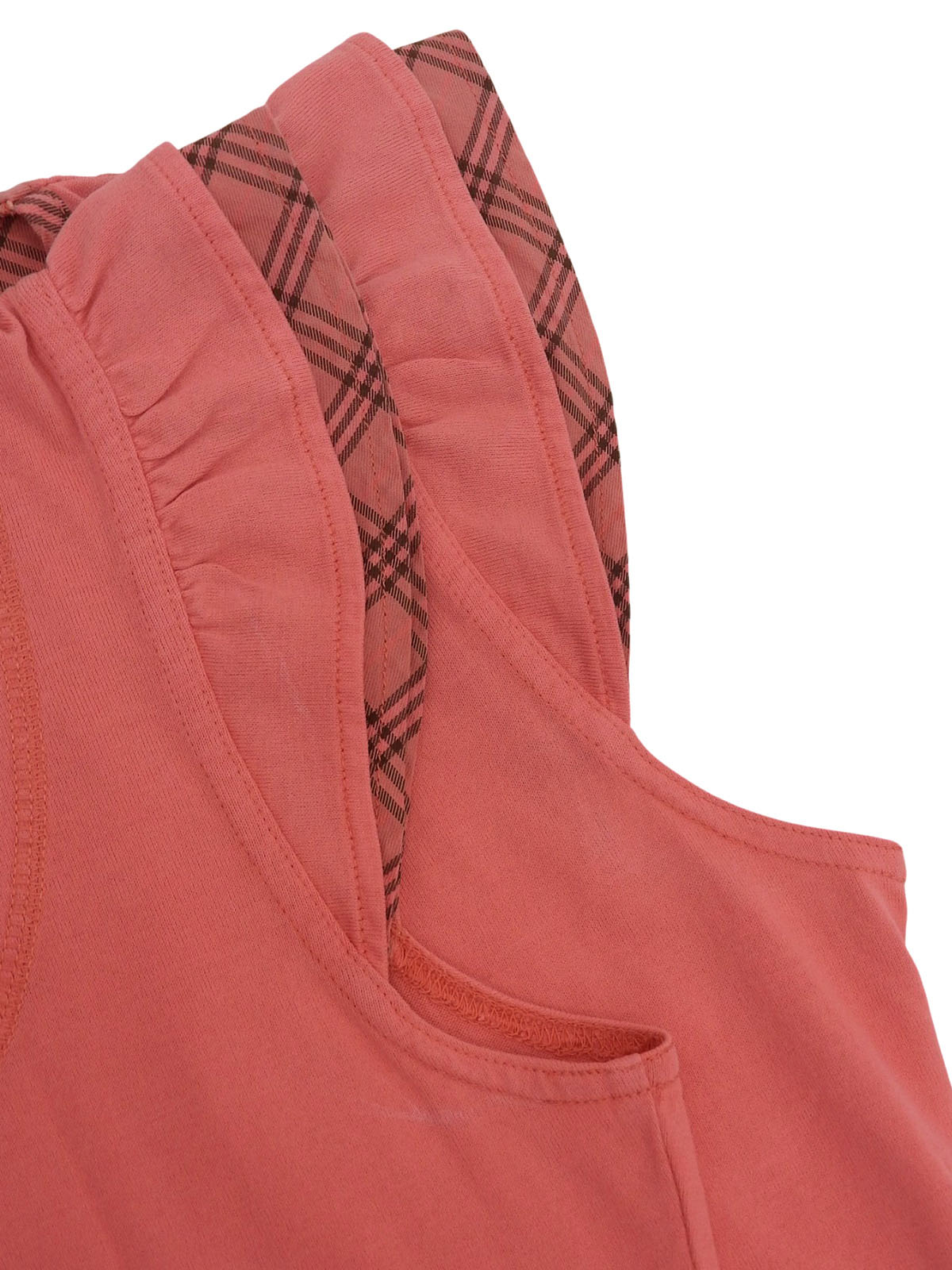 ロゴ刺繍チェックフリルノースリーブトップス コーラルピンク