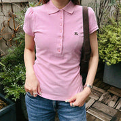 Logo embroidered puff sleeve polo shirt in pink