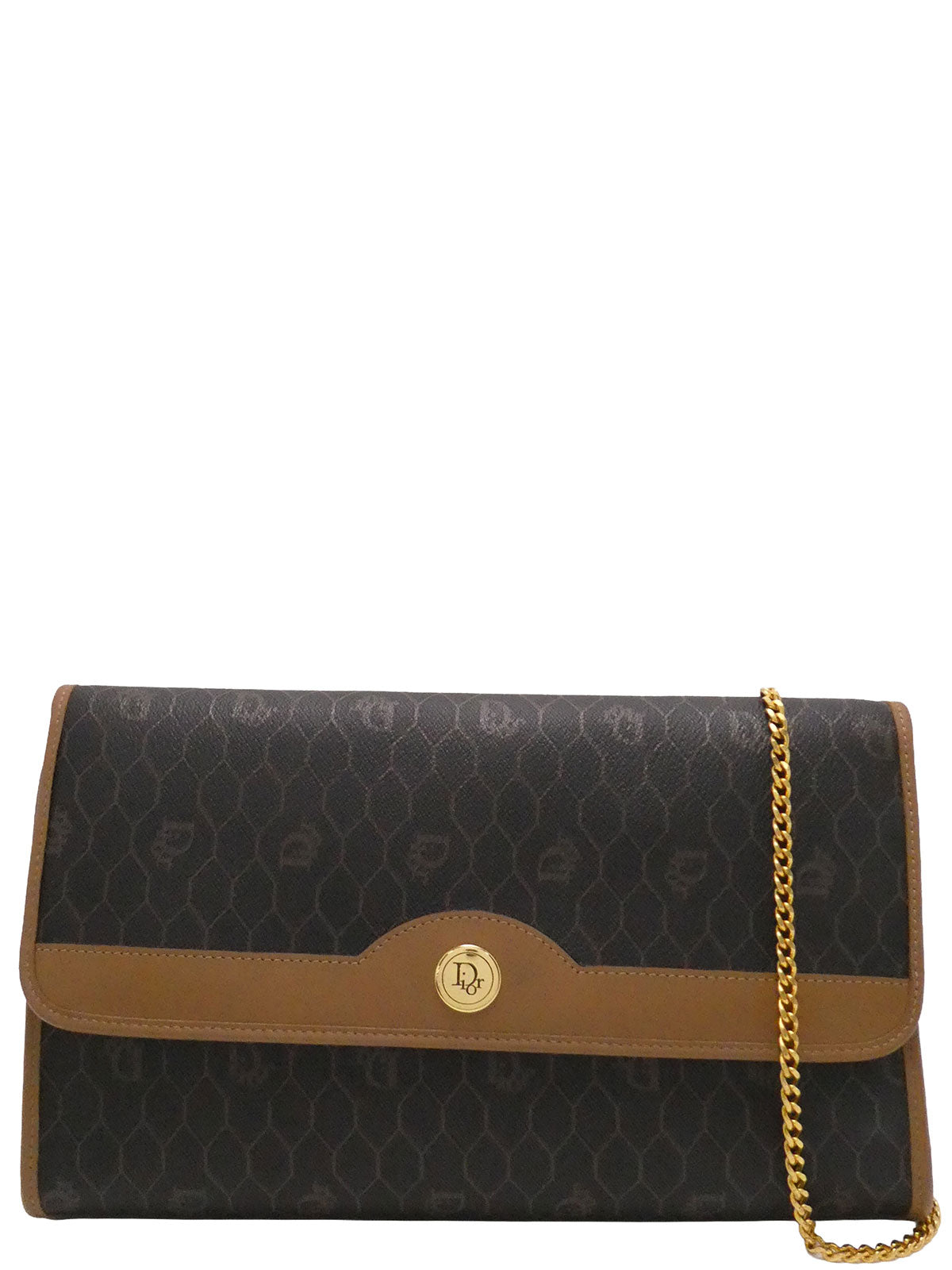 ハニカムパターンロゴプレートチェーンショルダーバッグ ブラウン