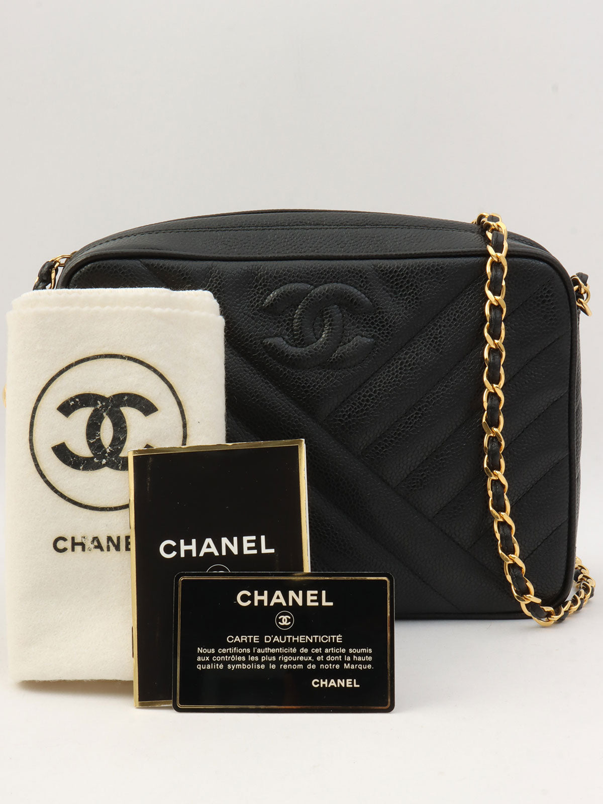 1992年頃製 キャビアスキンバイアスステッチビジューチェーンバッグ ブラック