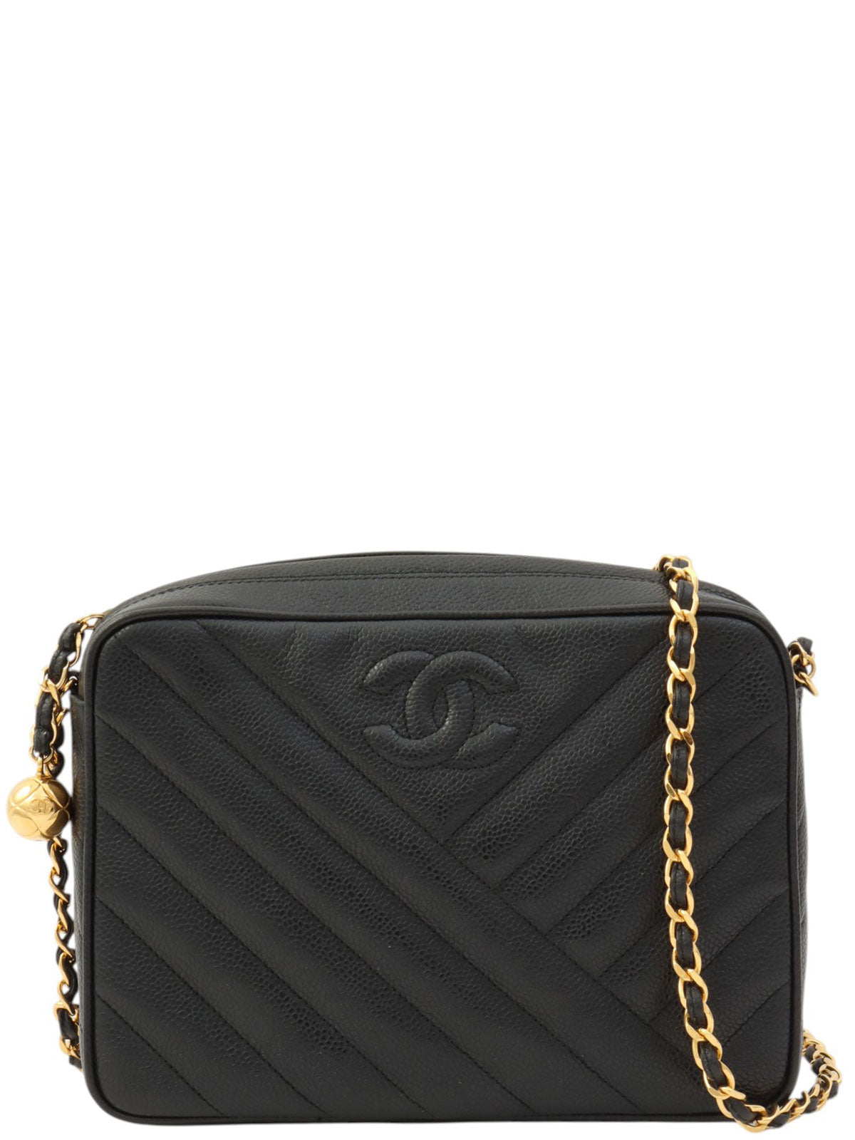 1992年頃製 キャビアスキンバイアスステッチビジューチェーンバッグ ブラック