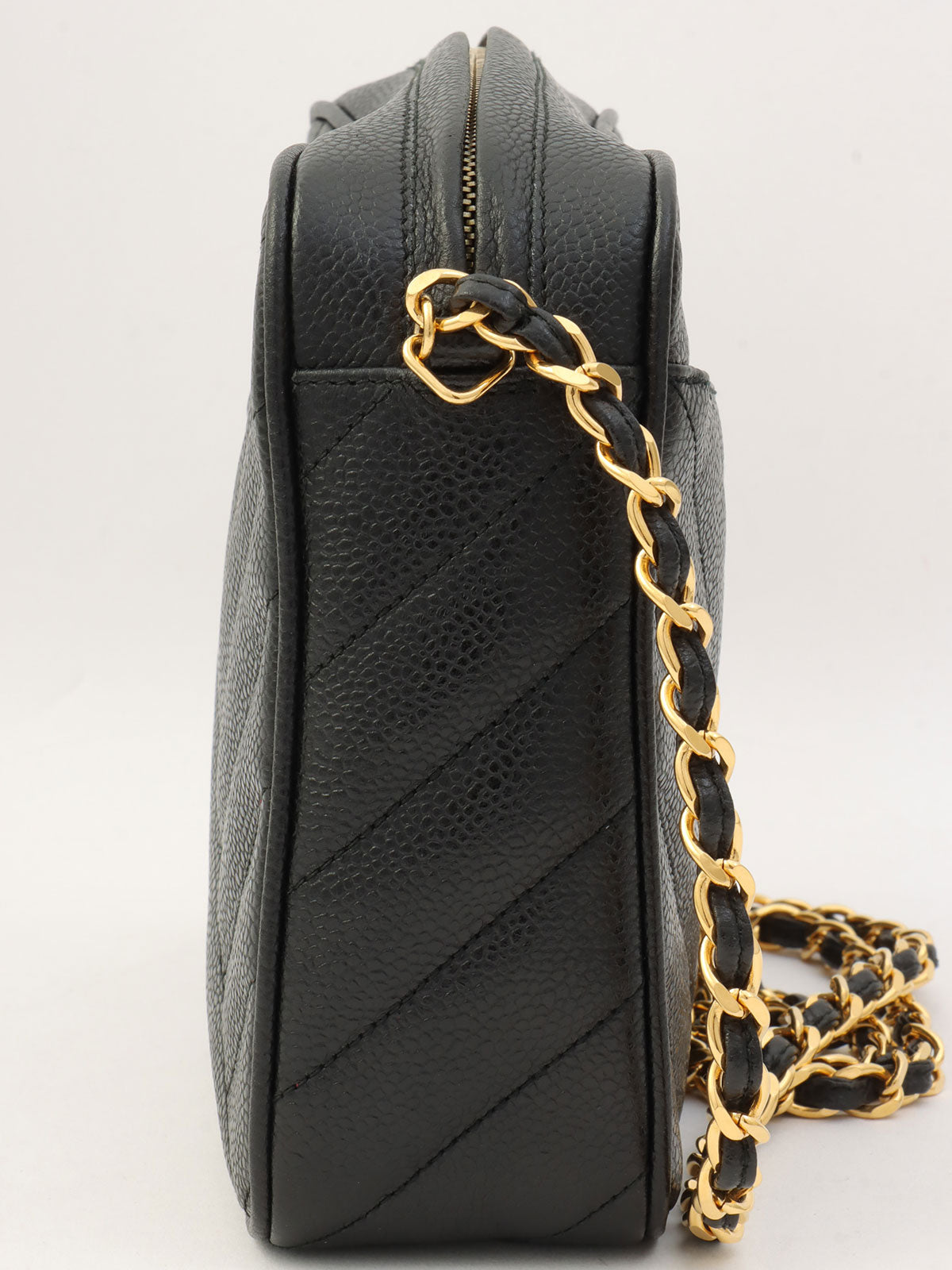 1992年頃製 キャビアスキンバイアスステッチビジューチェーンバッグ ブラック