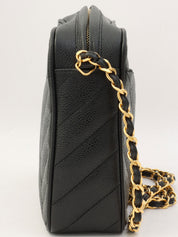 1992年頃製 キャビアスキンバイアスステッチビジューチェーンバッグ ブラック