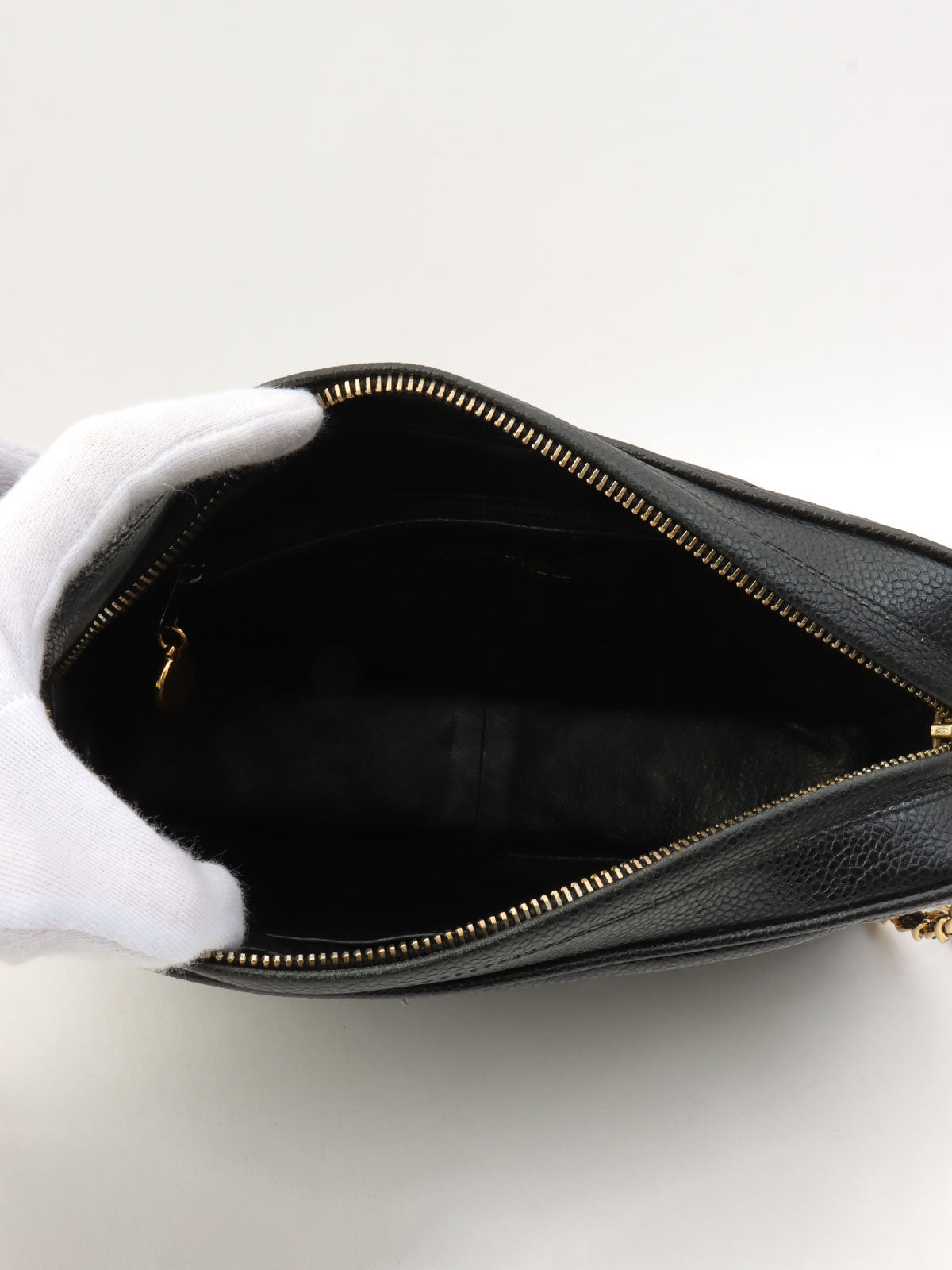 1992年頃製 キャビアスキンバイアスステッチビジューチェーンバッグ ブラック