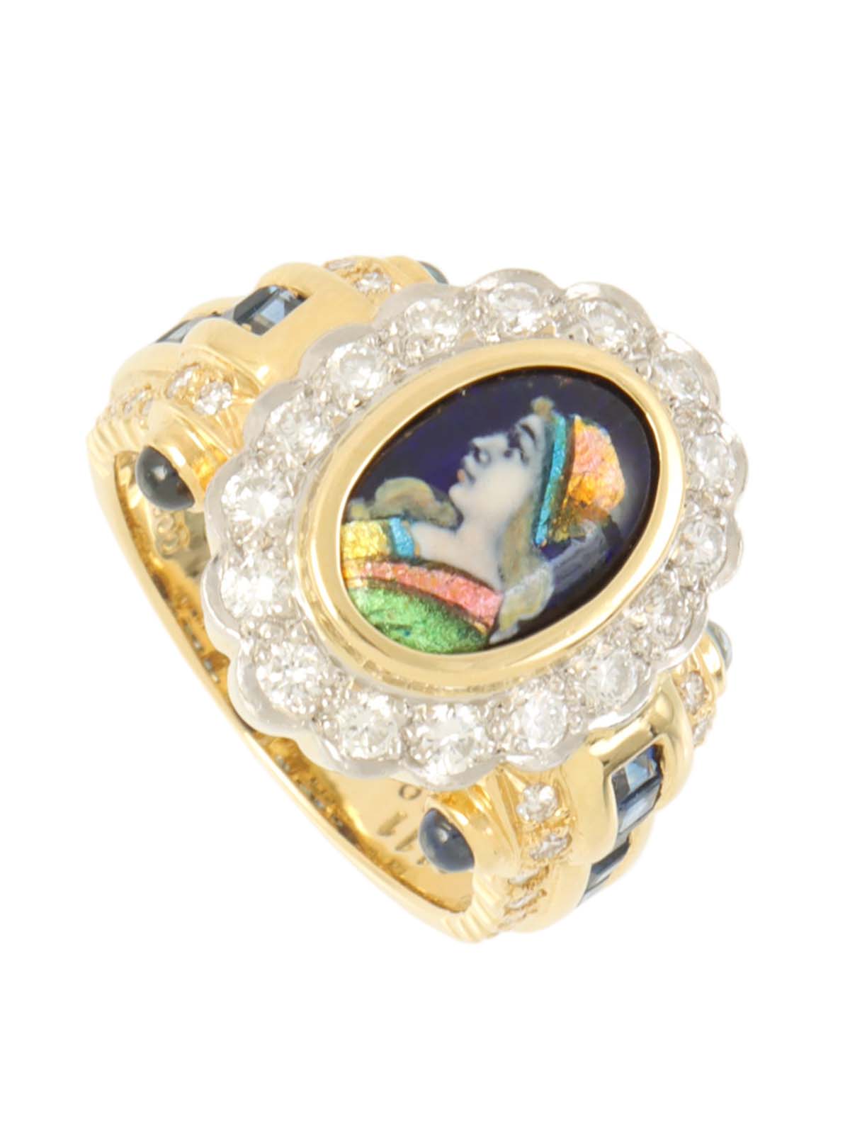 Mitsuo Kaji 18K Platinum Enameled Sapphire and Diamond Ring in Gold/Navy