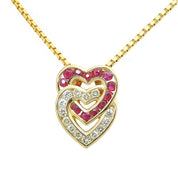 18K Ruby Diamond Double Heart Necklace Gold/Cherry Red