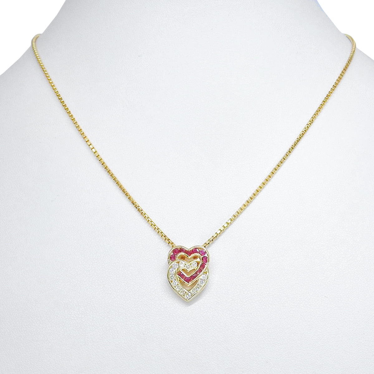 18K Ruby Diamond Double Heart Necklace Gold/Cherry Red