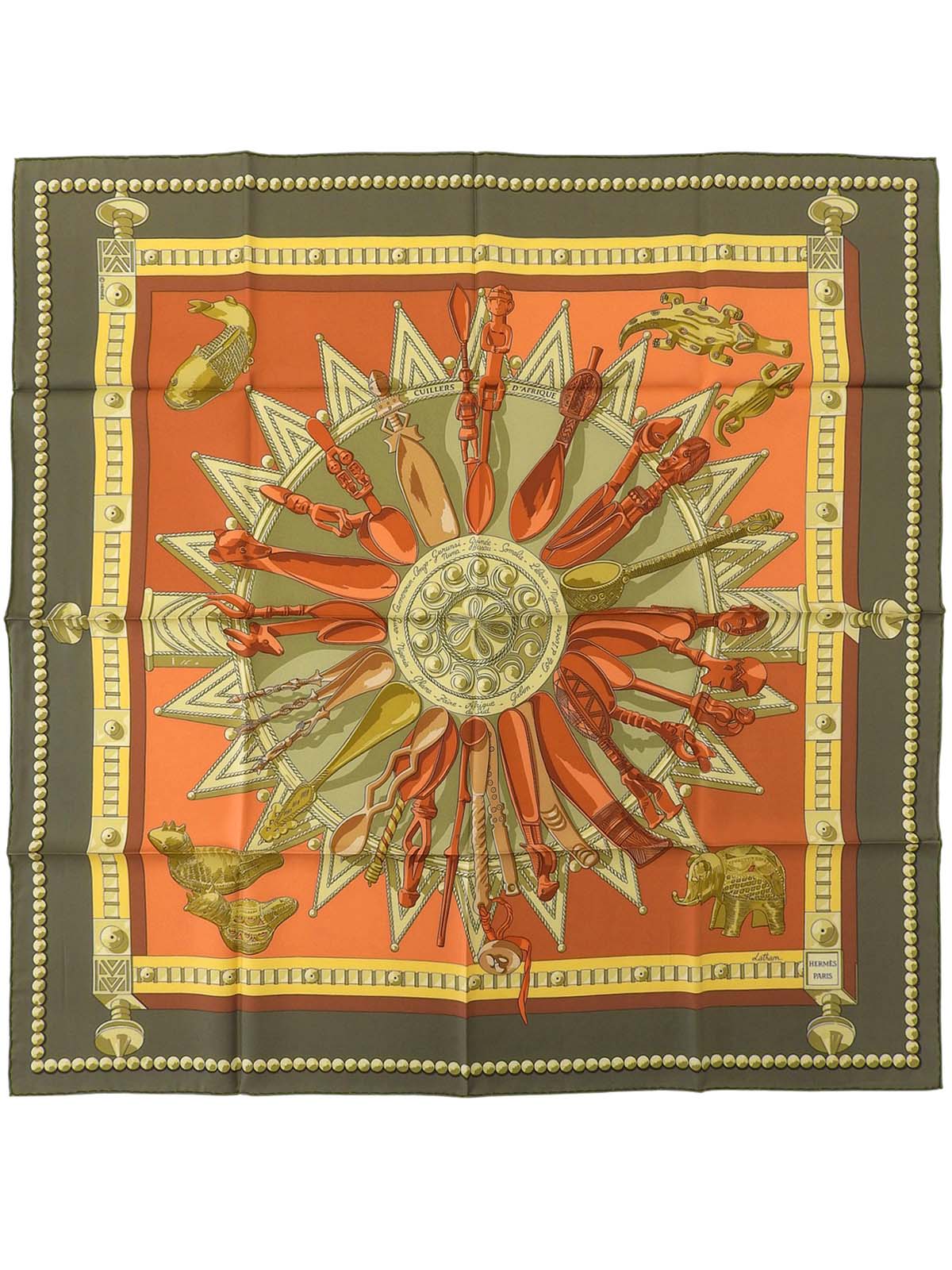 カレ90 Cuillers Dafriqueパターンスカーフ カーキ/ブラウン