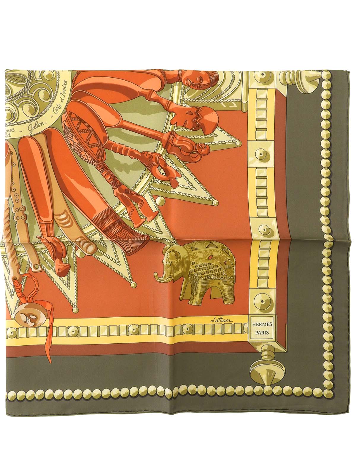 カレ90 Cuillers Dafriqueパターンスカーフ カーキ/ブラウン