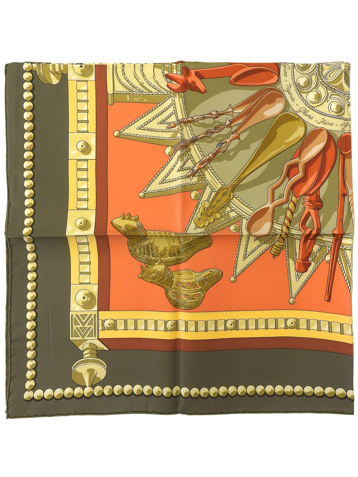 カレ90 Cuillers Dafriqueパターンスカーフ カーキ/ブラウン