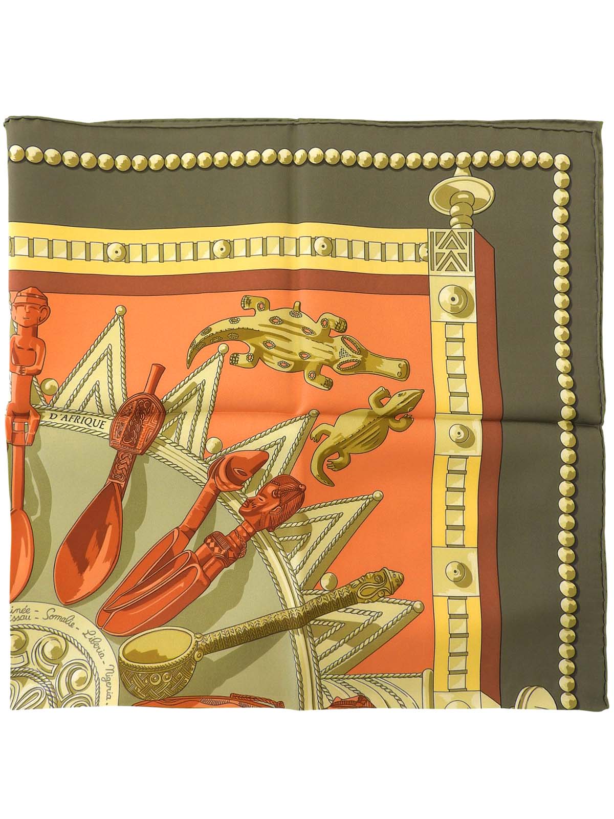 カレ90 Cuillers Dafriqueパターンスカーフ カーキ/ブラウン