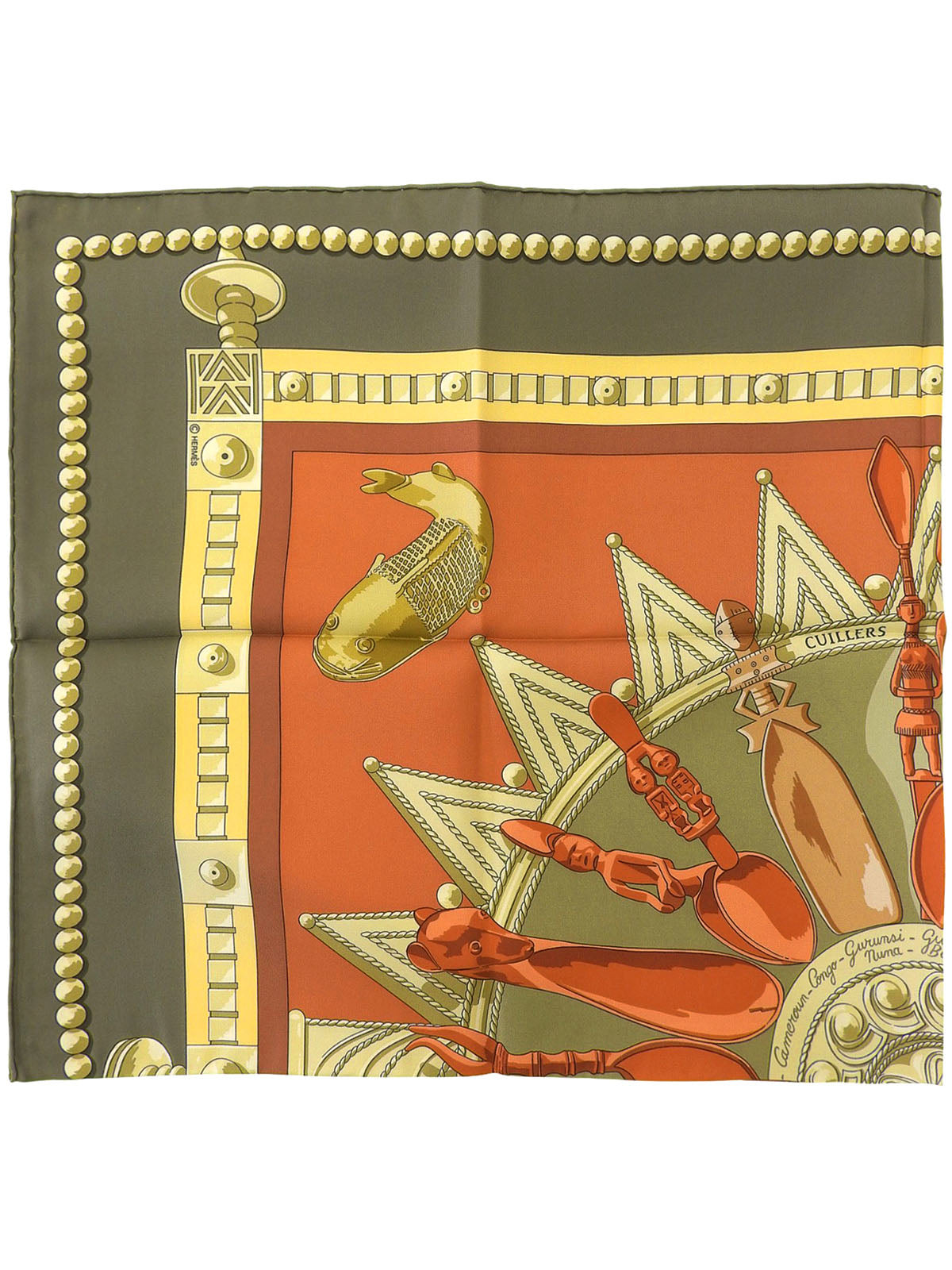 カレ90 Cuillers Dafriqueパターンスカーフ カーキ/ブラウン