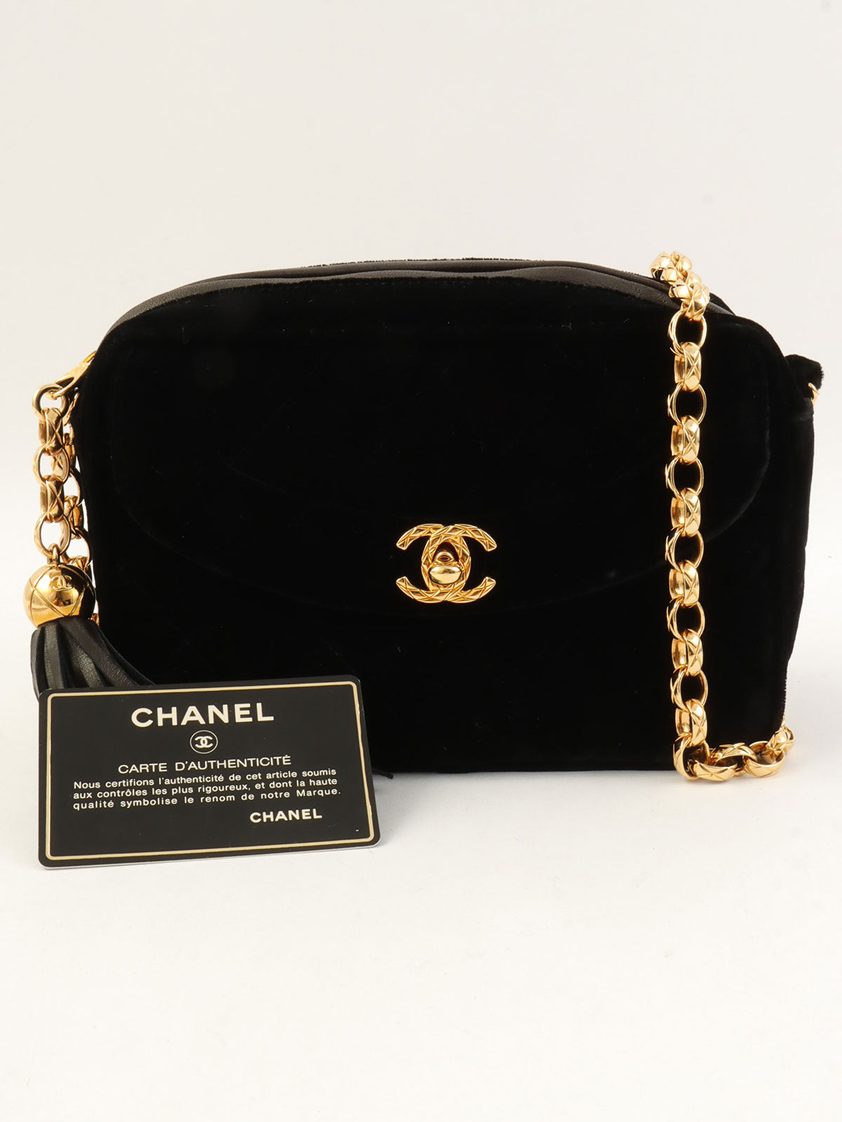 1992年頃製 ベルベットCCターンロックタッセルビジューチェーンバッグ ブラック