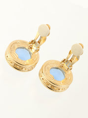 圆形Logo彩色宝石耳环 金/蓝色