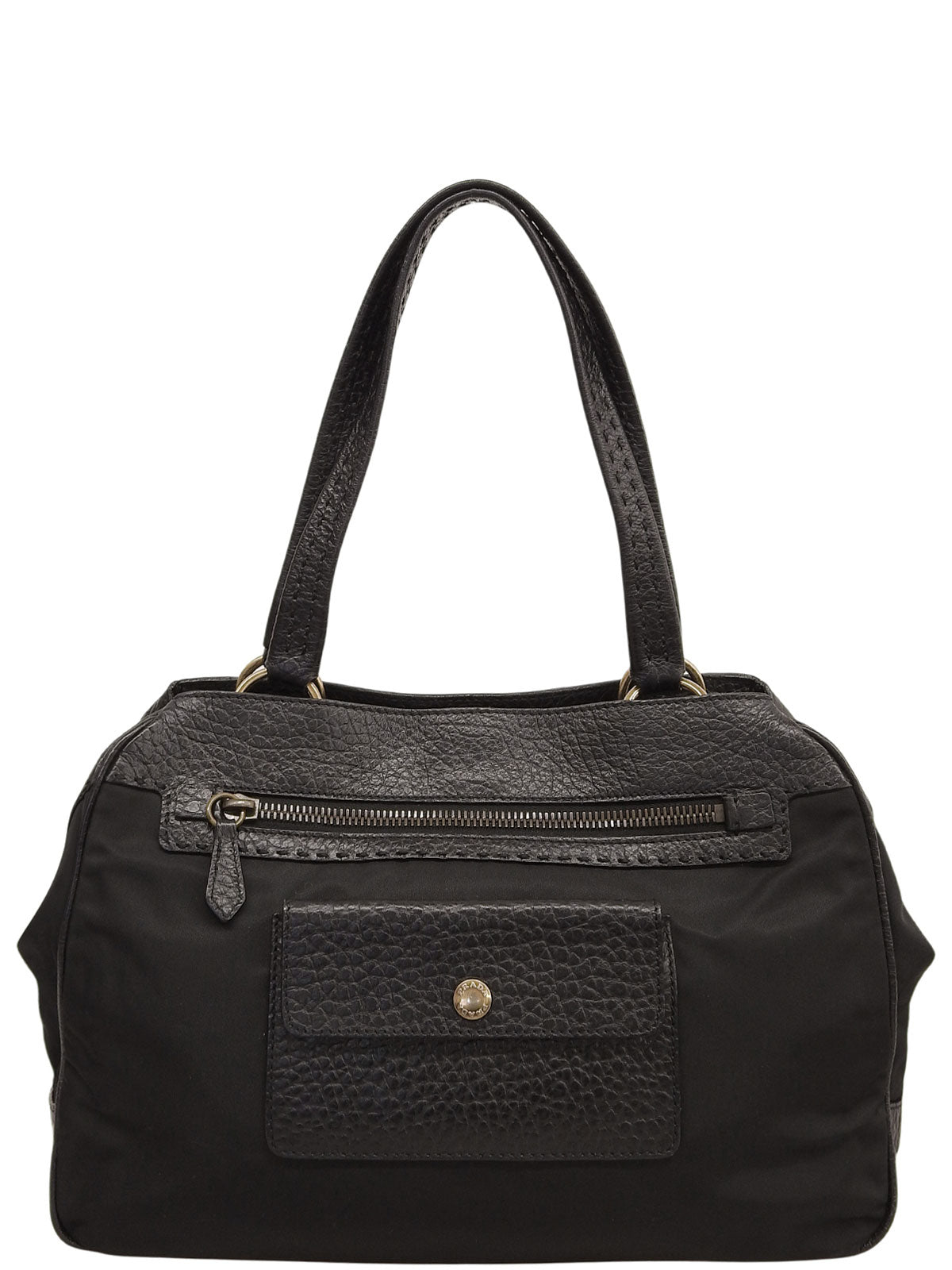 ナイロンレザーロゴプレートコンビハンドバッグ ブラック